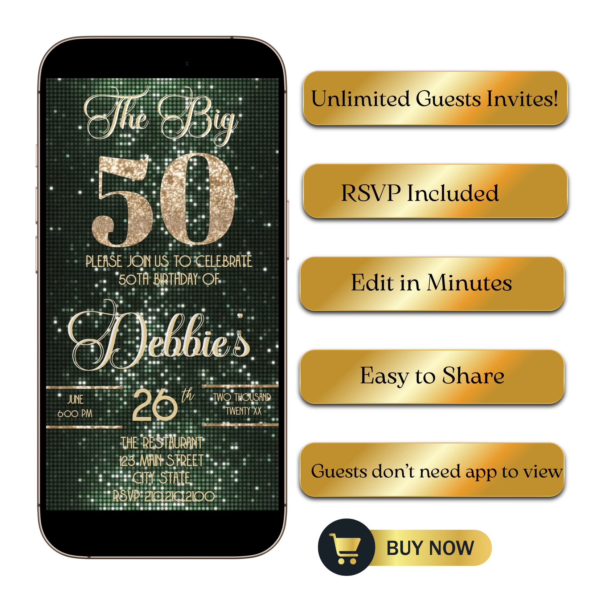 Editable sage green & gold 50th birthday video invitation displayed on a mobile phone, featuring an animated vertical digital invite with music, created in Canva. This premium video invitation template is designed for sharing by text, email, and social media and works with an interactive RSVP website for easy guest response tracking.