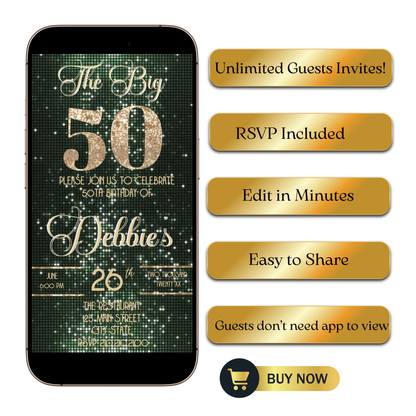 Editable sage green & gold 50th birthday video invitation displayed on a mobile phone, featuring an animated vertical digital invite with music, created in Canva. This premium video invitation template is designed for sharing by text, email, and social media and works with an interactive RSVP website for easy guest response tracking.