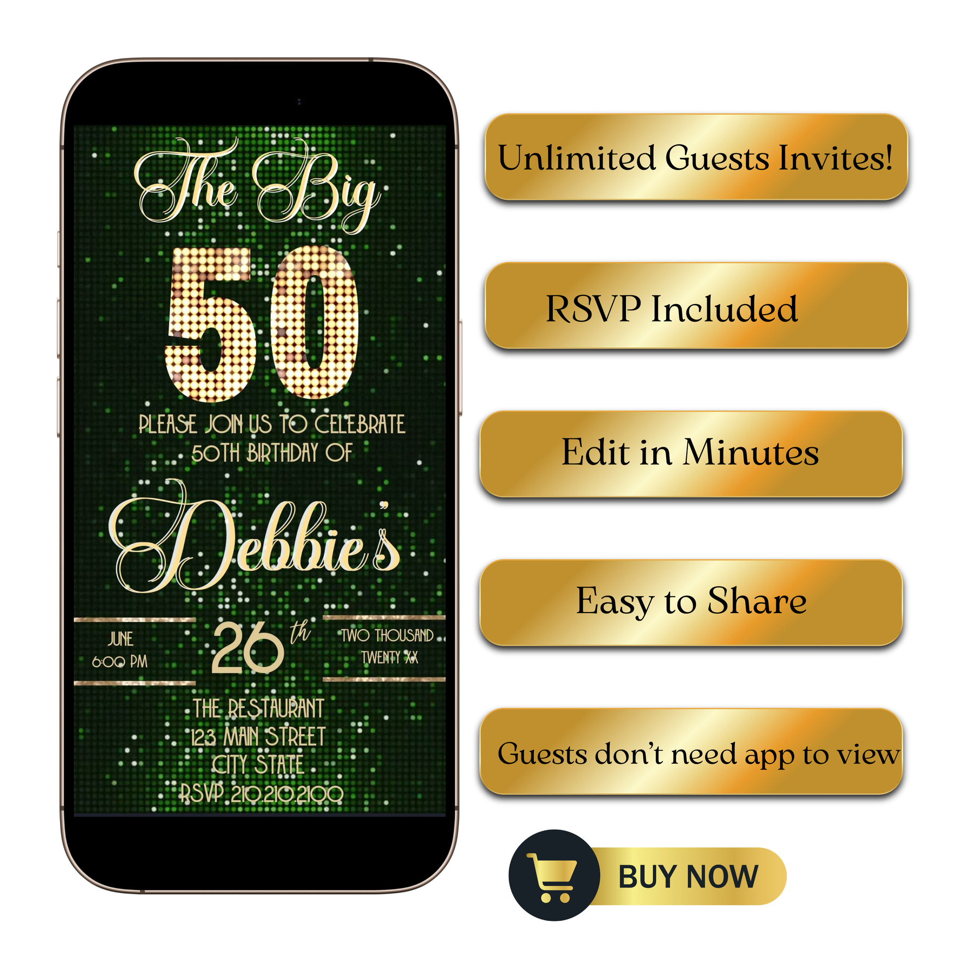 Editable green sequin 50th birthday video invitation displayed on a mobile phone, featuring an animated vertical digital invite with music, created in Canva. This premium video invitation template is designed for sharing by text, email, and social media and works with an interactive RSVP website for easy guest response tracking.