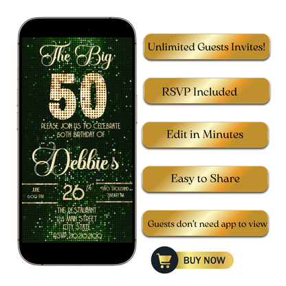 Editable green sequin 50th birthday video invitation displayed on a mobile phone, featuring an animated vertical digital invite with music, created in Canva. This premium video invitation template is designed for sharing by text, email, and social media and works with an interactive RSVP website for easy guest response tracking.