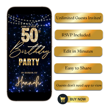 Editable blue starry lights 50th birthday video invitation displayed on a mobile phone, featuring an animated vertical digital invite with music, created in Canva. This premium video invitation template is designed for sharing by text, email, and social media and works with an interactive RSVP website for easy guest response tracking.