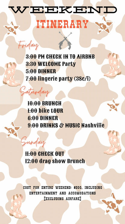 Editable cowgirl nashville bachelorette party party video invitation displayed on a mobile phone, featuring an animated vertical digital invite with music, created in Canva. This premium video invitation template is designed for sharing by text, email, and social media and works with an interactive RSVP website for easy guest response tracking.