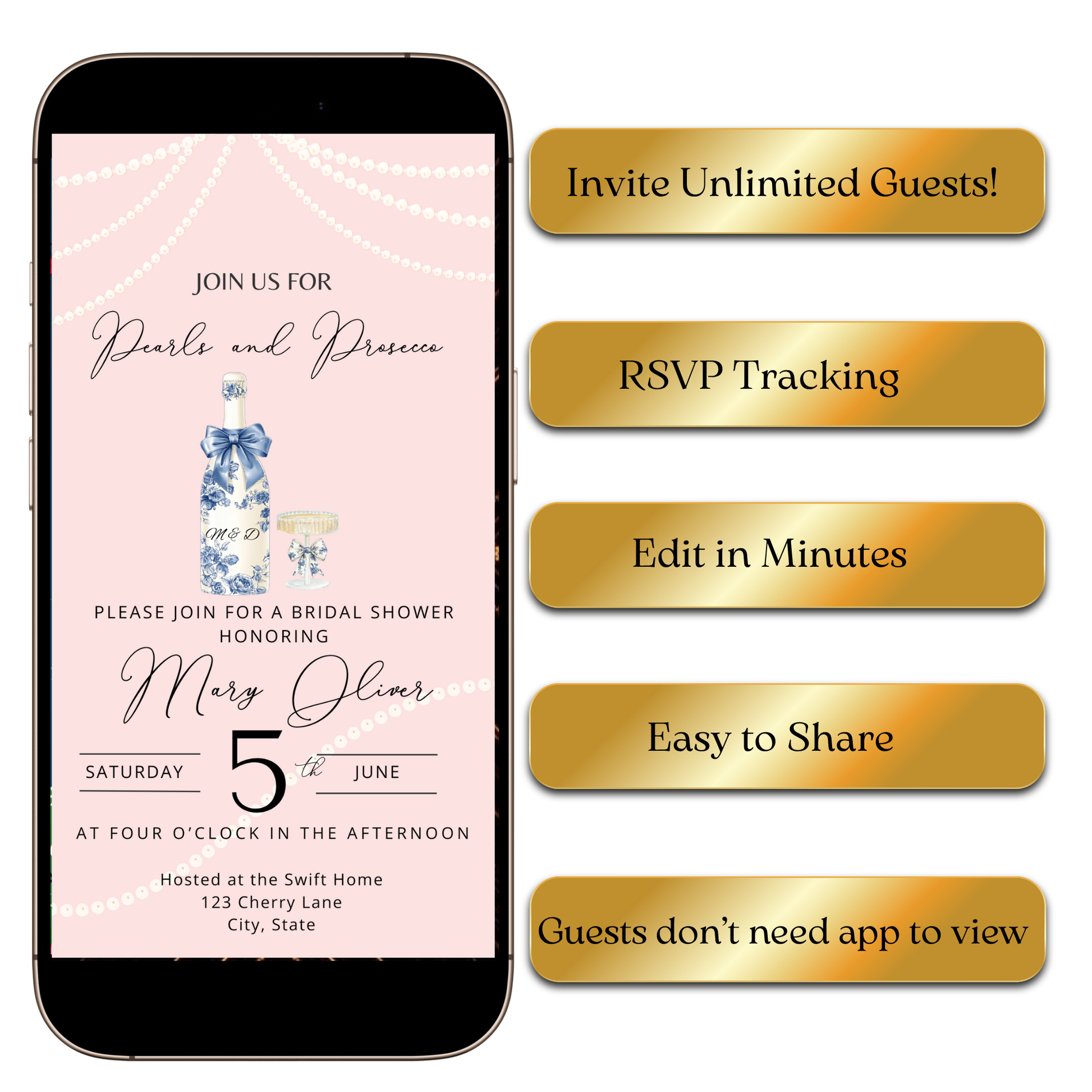 Name and event details on pearlescent panel with gold accents
