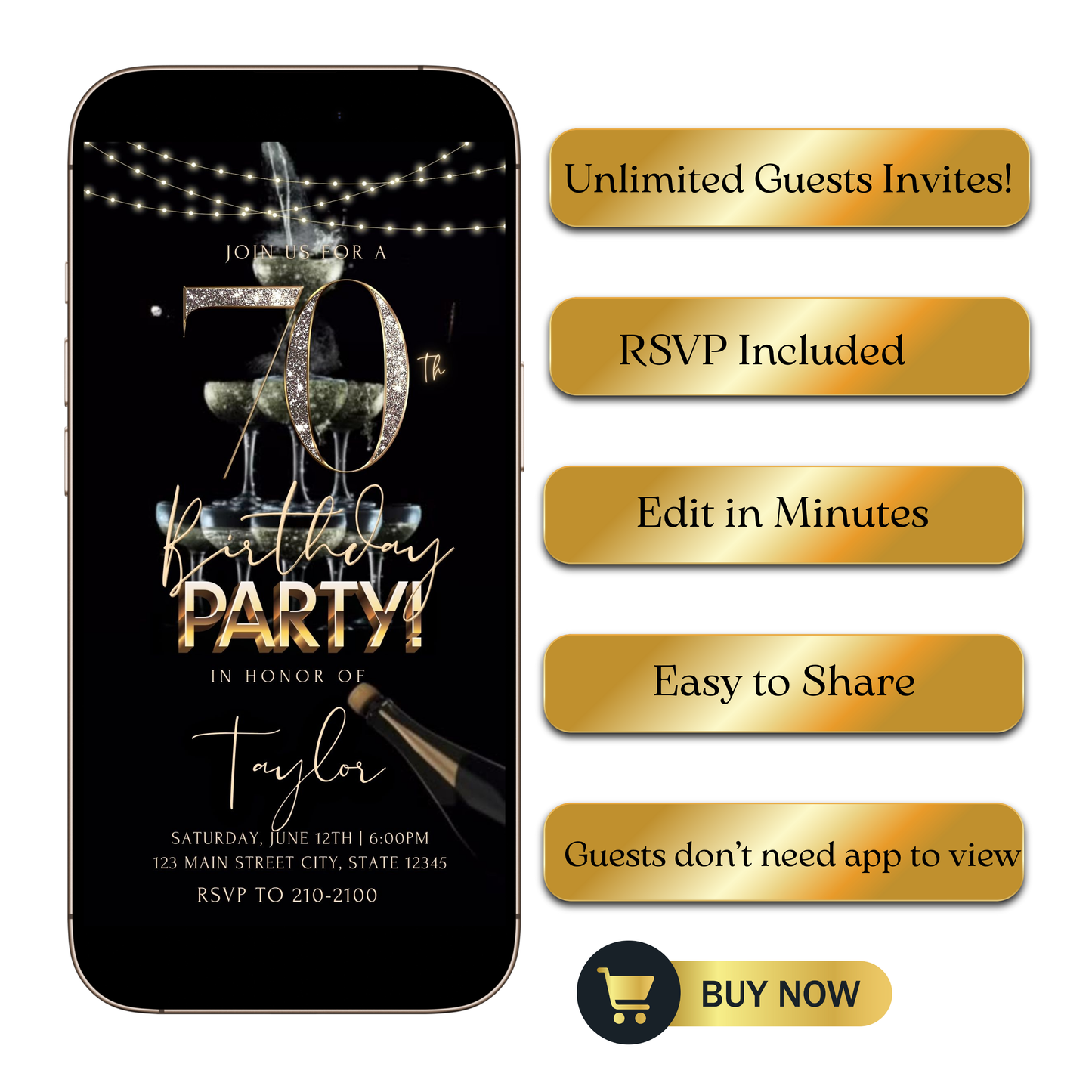 Editable champagne gold 70th birthday video invitation displayed on a mobile phone, featuring an animated vertical digital invite with music, created in Canva. This premium video invitation template is designed for sharing by text, email, and social media and works with an interactive RSVP website for easy guest response tracking.