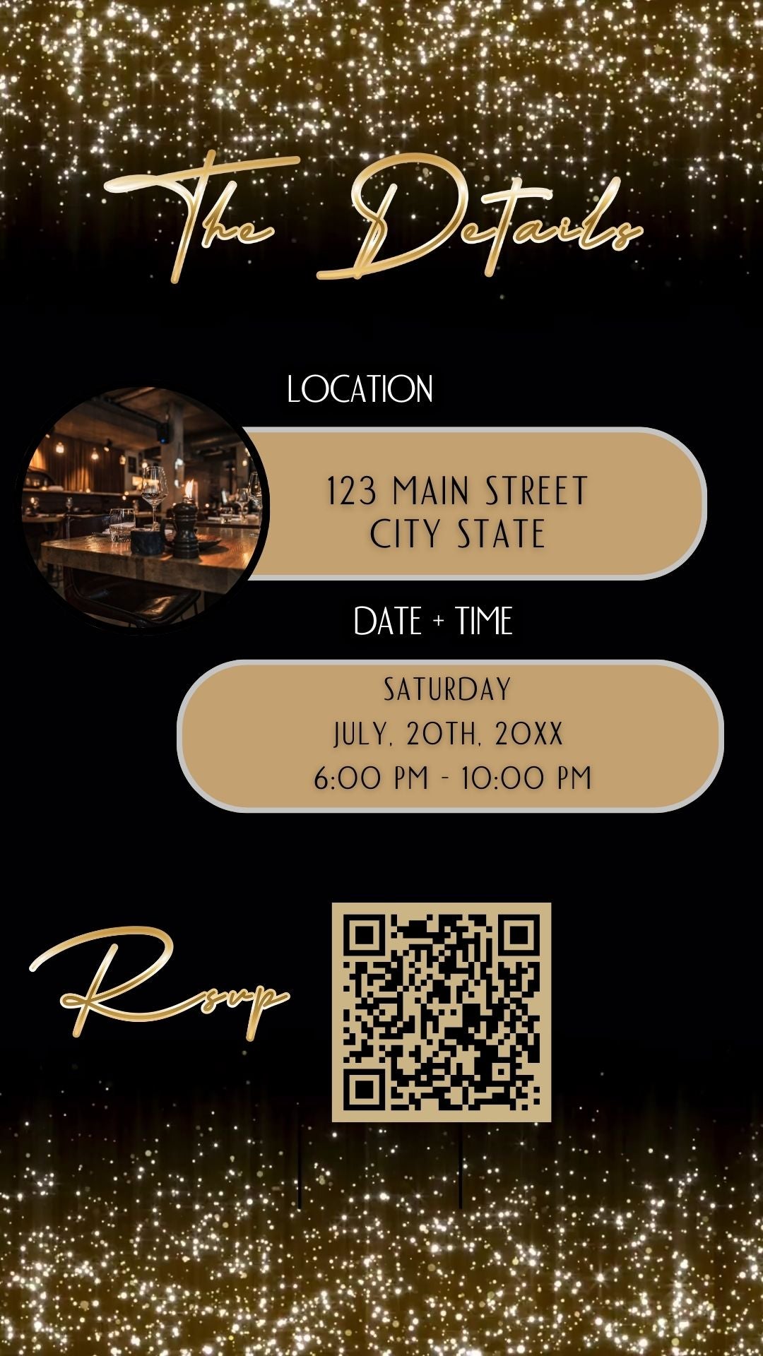 Editable gold sparkle 60th birthday birthday video invitation displayed on a mobile phone, featuring an animated vertical digital invite with music, created in Canva. This premium video invitation template is designed for sharing by text, email, and social media and works with an interactive RSVP website for easy guest response tracking.