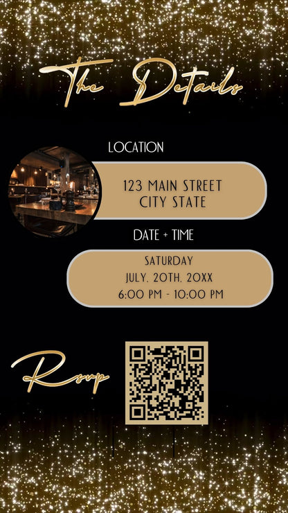 Editable gold sparkle 60th birthday birthday video invitation displayed on a mobile phone, featuring an animated vertical digital invite with music, created in Canva. This premium video invitation template is designed for sharing by text, email, and social media and works with an interactive RSVP website for easy guest response tracking.