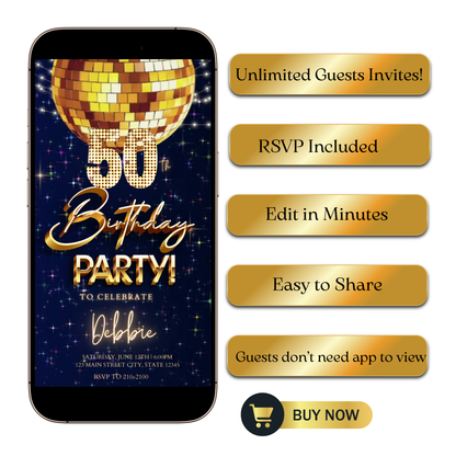 Editable gold bokeh luxury 50th birthday video invitation displayed on a mobile phone, featuring an animated vertical digital invite with music, created in Canva. This premium video invitation template is designed for sharing by text, email, and social media and works with an interactive RSVP website for easy guest response tracking.
