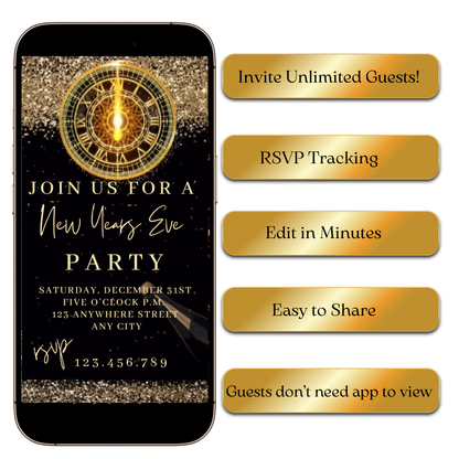 Editable champagne NYE countdown video invite template