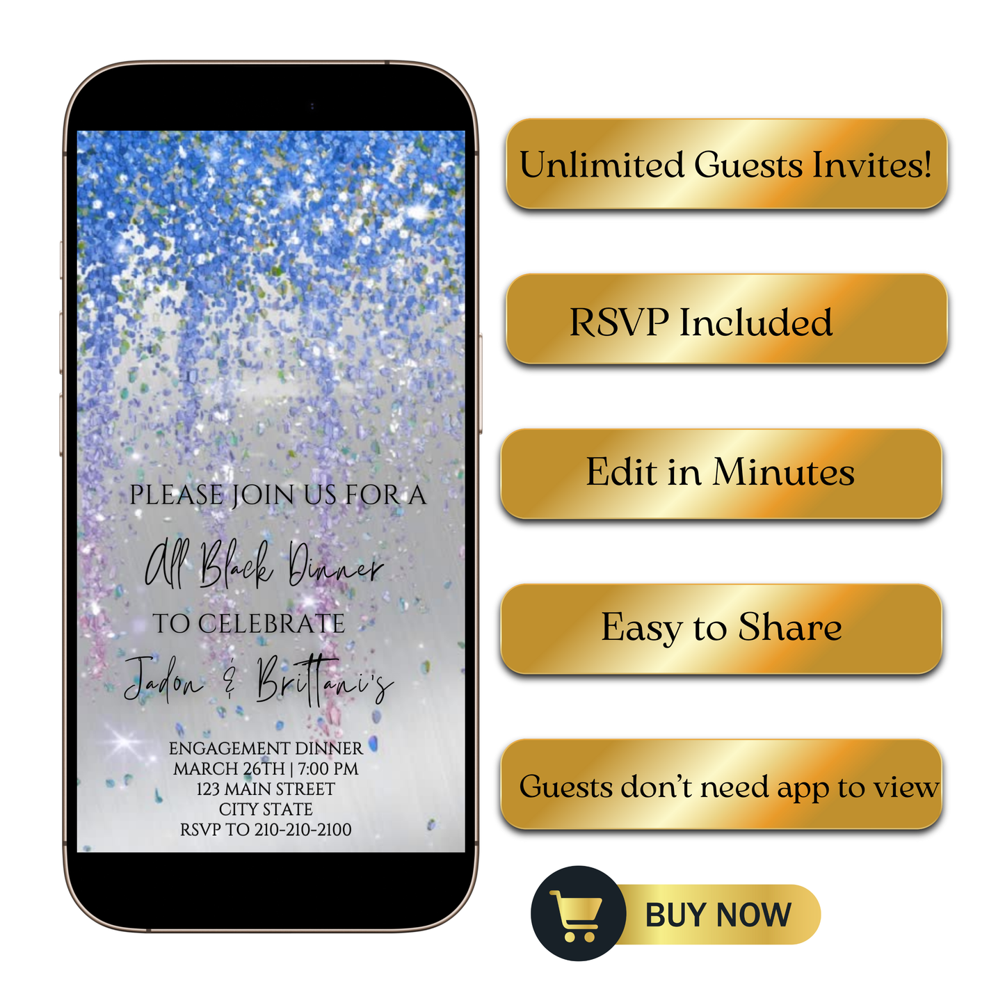 Editable blue and gray watercolor glitter engagement dinner video invitation displayed on a mobile phone, featuring an animated vertical digital invite with music, created in Canva. This premium video invitation template is designed for sharing by text, email, and social media and works with an interactive RSVP website for easy guest response tracking.
