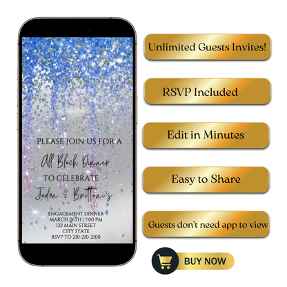 Editable blue and gray watercolor glitter engagement dinner video invitation displayed on a mobile phone, featuring an animated vertical digital invite with music, created in Canva. This premium video invitation template is designed for sharing by text, email, and social media and works with an interactive RSVP website for easy guest response tracking.