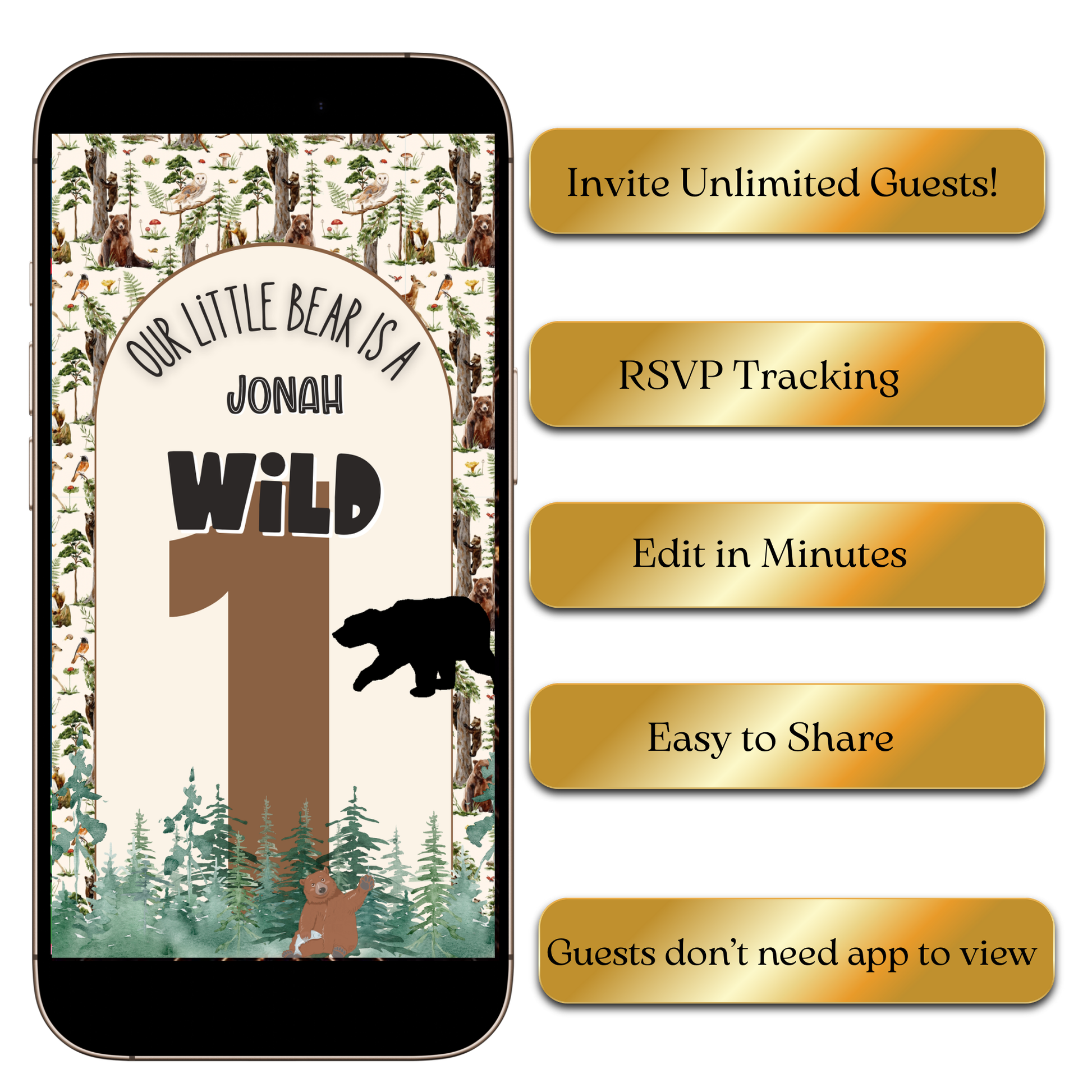 Editable woodland bear MP4 invitation with playful forest graphics