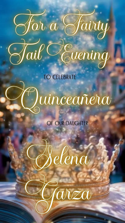 Editable cinderella fairytale quinceañera event video invitation displayed on a mobile phone, featuring an animated vertical digital invite with music, created in Canva. This premium video invitation template is designed for sharing by text, email, and social media and works with an interactive RSVP website for easy guest response tracking.