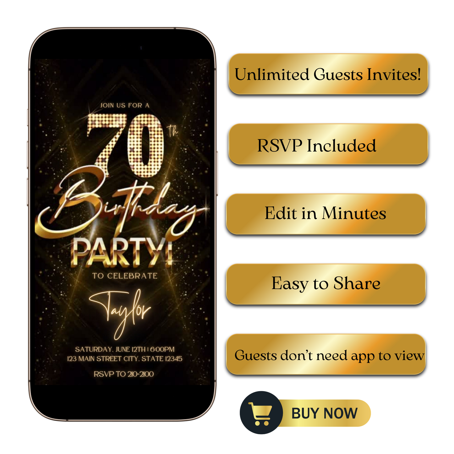 Editable gold glitter 70th birthday party video invitation displayed on a mobile phone, featuring an animated vertical digital invite with music, created in Canva. This premium video invitation template is designed for sharing by text, email, and social media and works with an interactive RSVP website for easy guest response tracking.