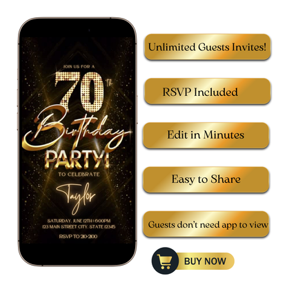 Editable gold glitter 70th birthday party video invitation displayed on a mobile phone, featuring an animated vertical digital invite with music, created in Canva. This premium video invitation template is designed for sharing by text, email, and social media and works with an interactive RSVP website for easy guest response tracking.
