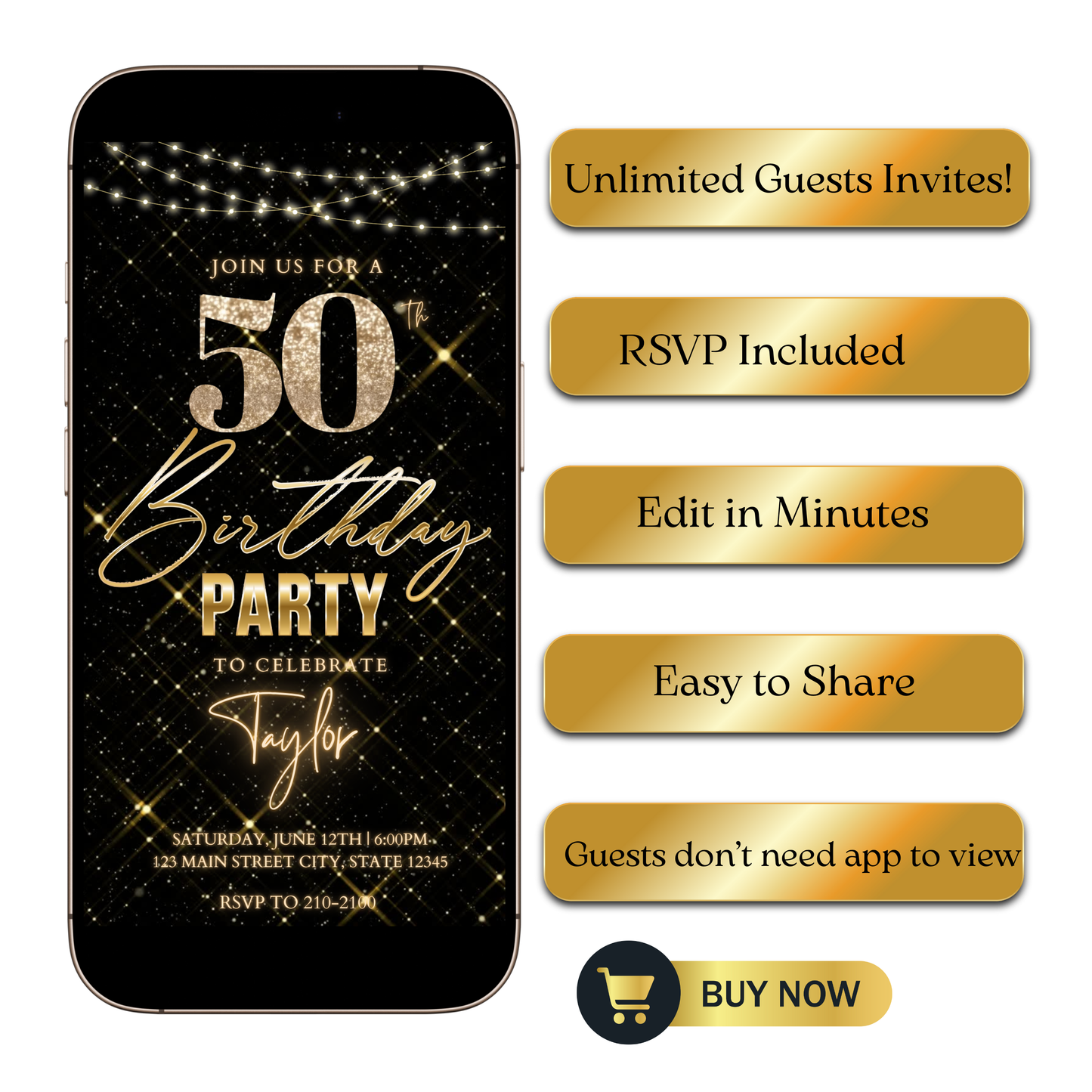 Editable black gold sparkle 50th birthday video invitation displayed on a mobile phone, featuring an animated vertical digital invite with music, created in Canva. This premium video invitation template is designed for sharing by text, email, and social media and works with an interactive RSVP website for easy guest response tracking.