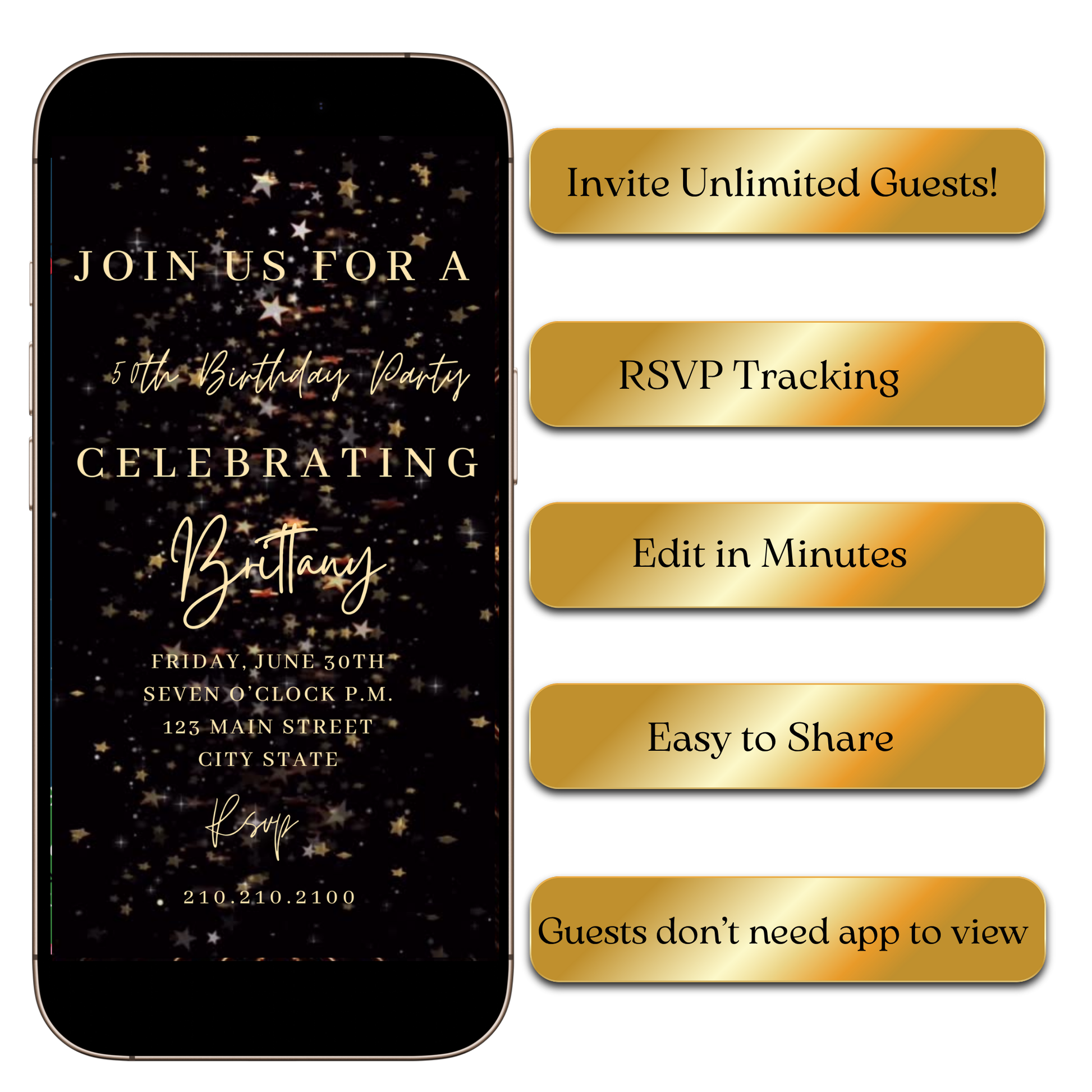 Black Gold Starry Glam Video Invitation for Mobile Sharing