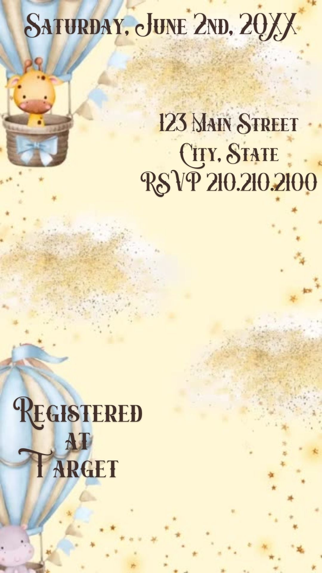 Editable blue hot air balloon boy baby shower baby shower video invitation displayed on a mobile phone, featuring an animated vertical digital invite with music, created in Canva. This premium video invitation template is designed for sharing by text, email, and social media and works with an interactive RSVP website for easy guest response tracking.