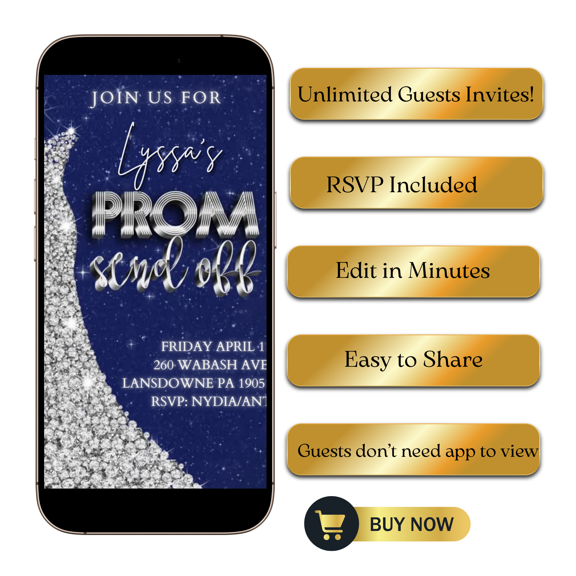 Editable navy blue silver prom send off video invitation displayed on a mobile phone, featuring an animated vertical digital invite with music, created in Canva. This premium video invitation template is designed for sharing by text, email, and social media and works with an interactive RSVP website for easy guest response tracking.