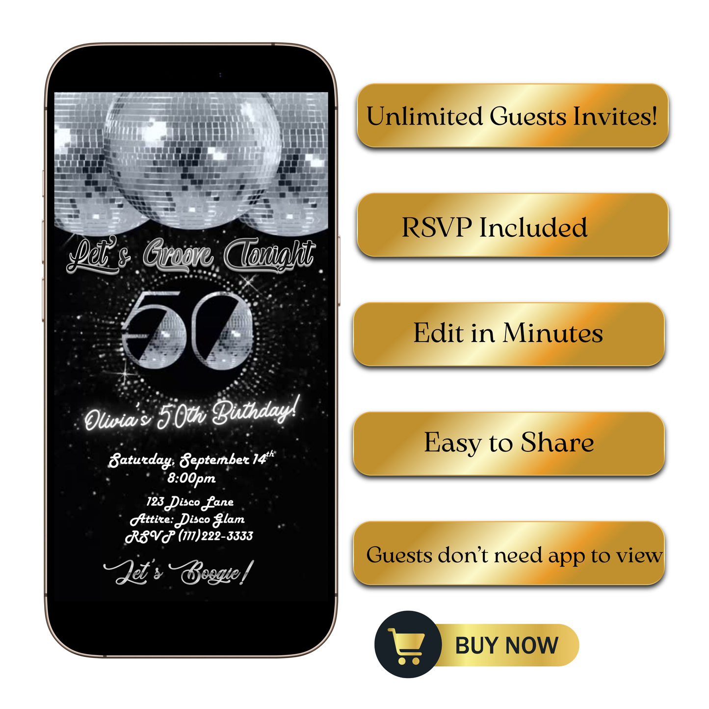 Editable disco silver 50th birthday video invitation displayed on a mobile phone, featuring an animated vertical digital invite with music, created in Canva. This premium video invitation template is designed for sharing by text, email, and social media and works with an interactive RSVP website for easy guest response tracking.