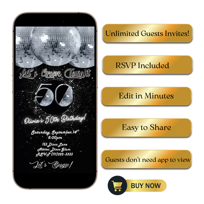 Editable disco silver 50th birthday video invitation displayed on a mobile phone, featuring an animated vertical digital invite with music, created in Canva. This premium video invitation template is designed for sharing by text, email, and social media and works with an interactive RSVP website for easy guest response tracking.