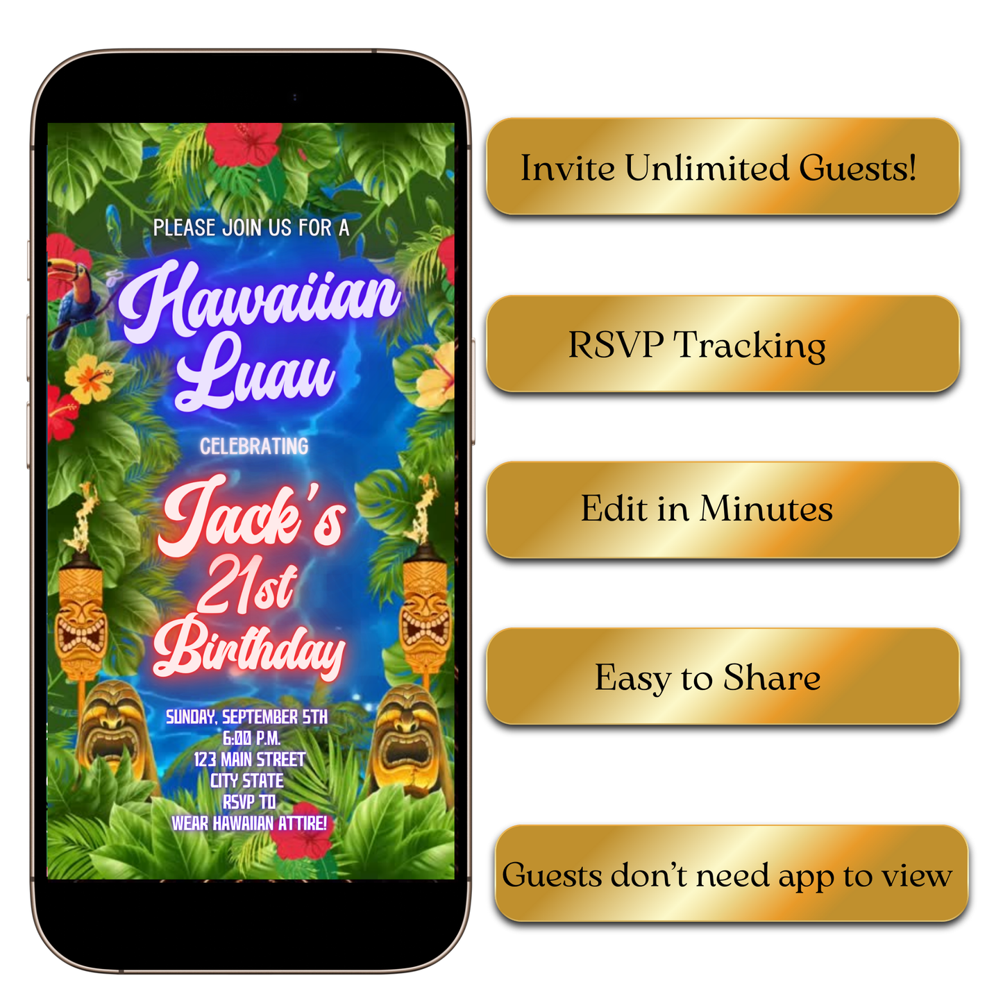 Tropical luau party video invitation preview on laptop screen