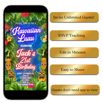 Tropical luau party video invitation preview on laptop screen