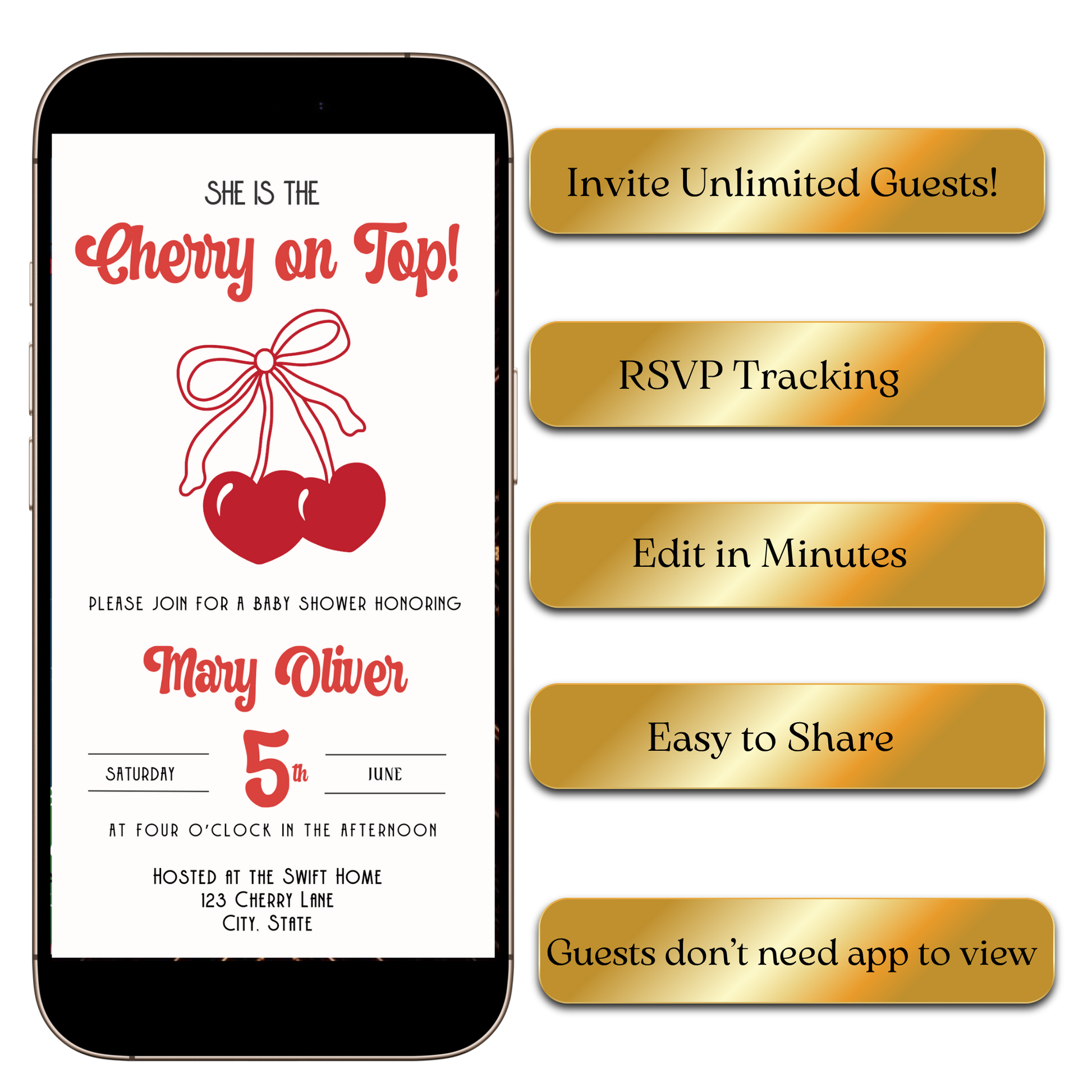 Flat lay with cherries, baby blocks, and phone showing invite