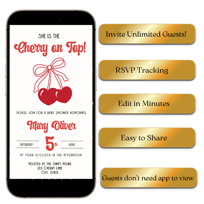 Flat lay with cherries, baby blocks, and phone showing invite