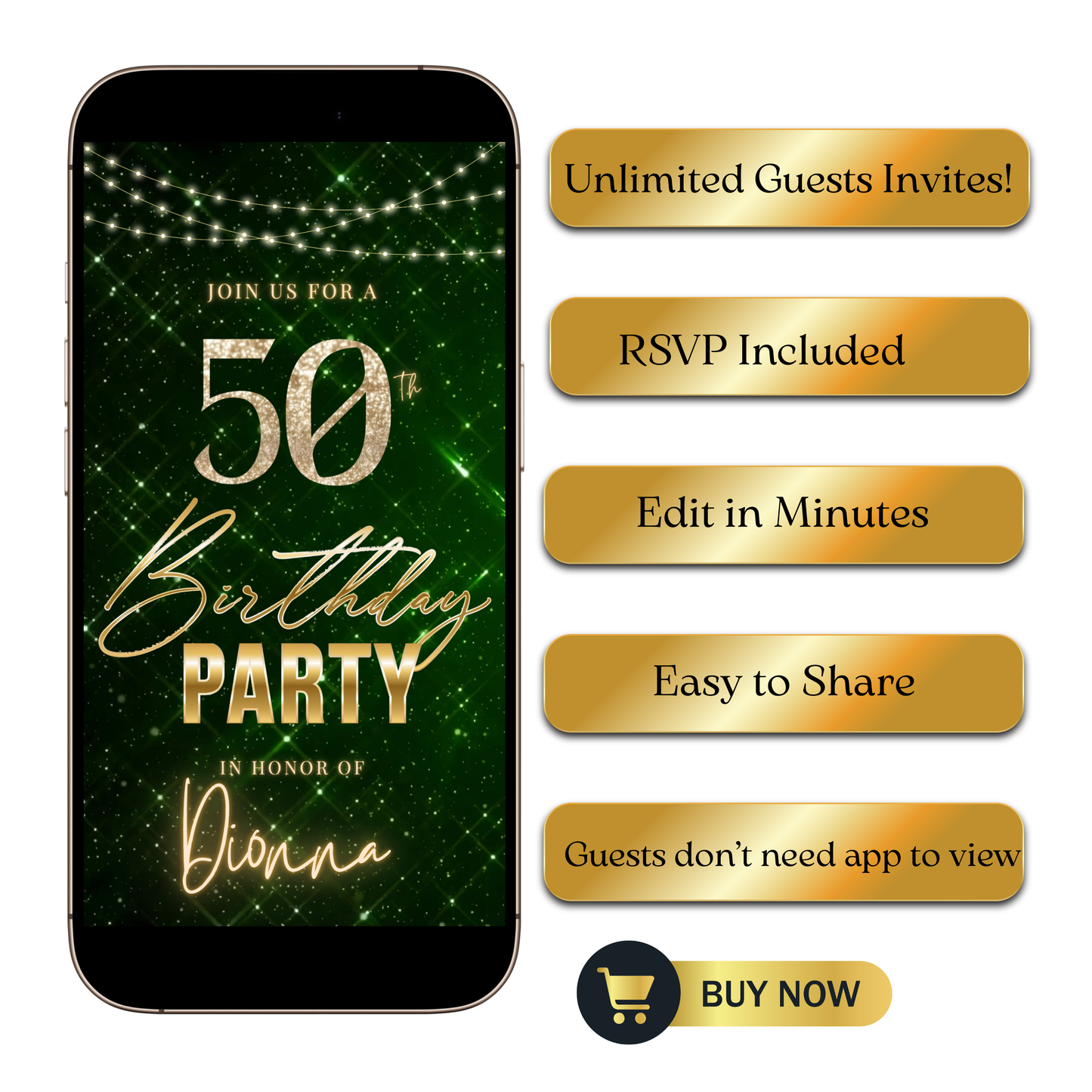 Editable emerald green sparkly 50th birthday video invitation displayed on a mobile phone, featuring an animated vertical digital invite with music, created in Canva. This premium video invitation template is designed for sharing by text, email, and social media and works with an interactive RSVP website for easy guest response tracking.