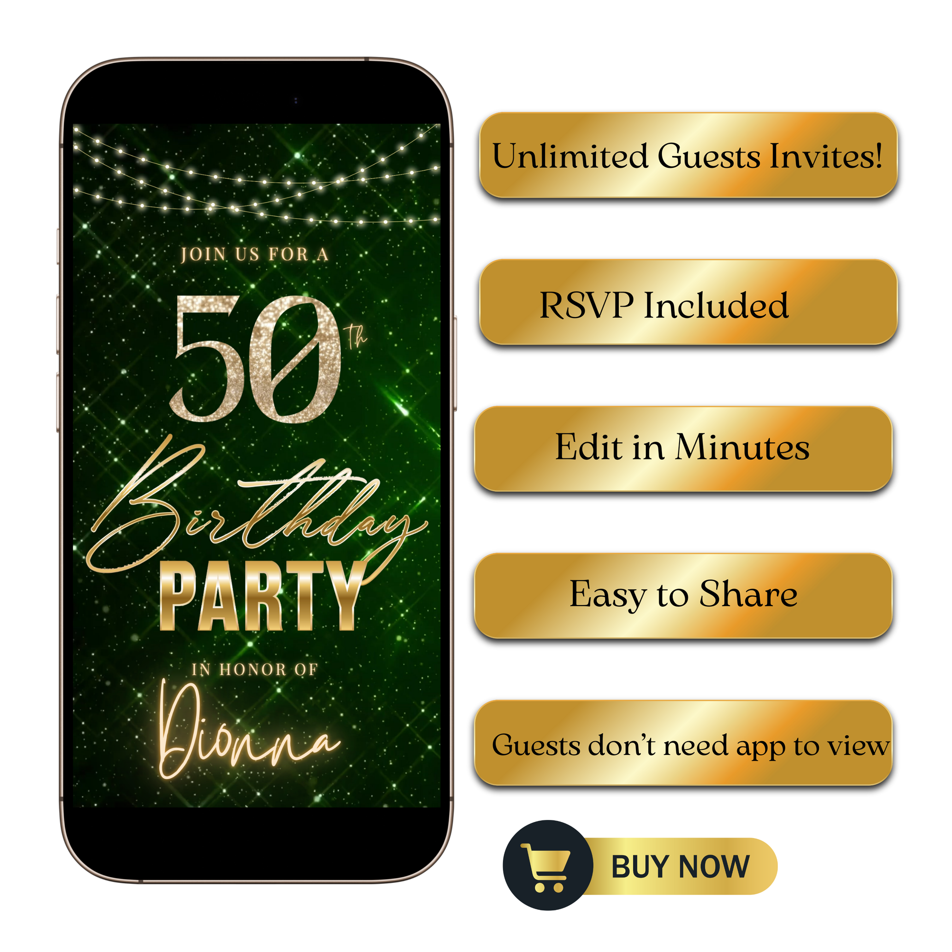 Editable emerald green sparkly 50th birthday video invitation displayed on a mobile phone, featuring an animated vertical digital invite with music, created in Canva. This premium video invitation template is designed for sharing by text, email, and social media and works with an interactive RSVP website for easy guest response tracking.