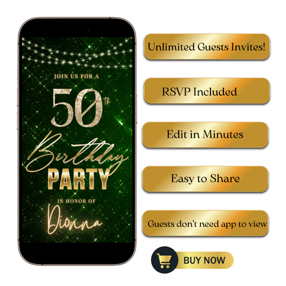 Editable emerald green sparkly 50th birthday video invitation displayed on a mobile phone, featuring an animated vertical digital invite with music, created in Canva. This premium video invitation template is designed for sharing by text, email, and social media and works with an interactive RSVP website for easy guest response tracking.