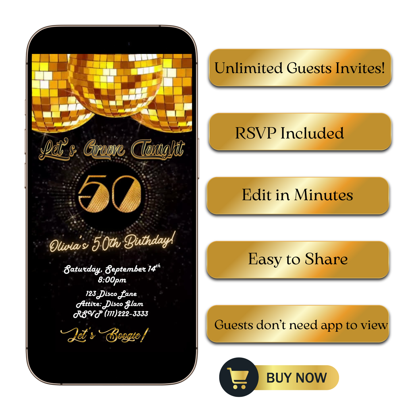 Editable gold disco 50th birthday video invitation displayed on a mobile phone, featuring an animated vertical digital invite with music, created in Canva. This premium video invitation template is designed for sharing by text, email, and social media and works with an interactive RSVP website for easy guest response tracking.
