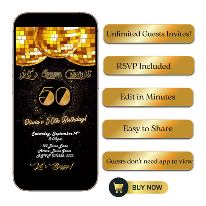 Editable gold disco 50th birthday video invitation displayed on a mobile phone, featuring an animated vertical digital invite with music, created in Canva. This premium video invitation template is designed for sharing by text, email, and social media and works with an interactive RSVP website for easy guest response tracking.