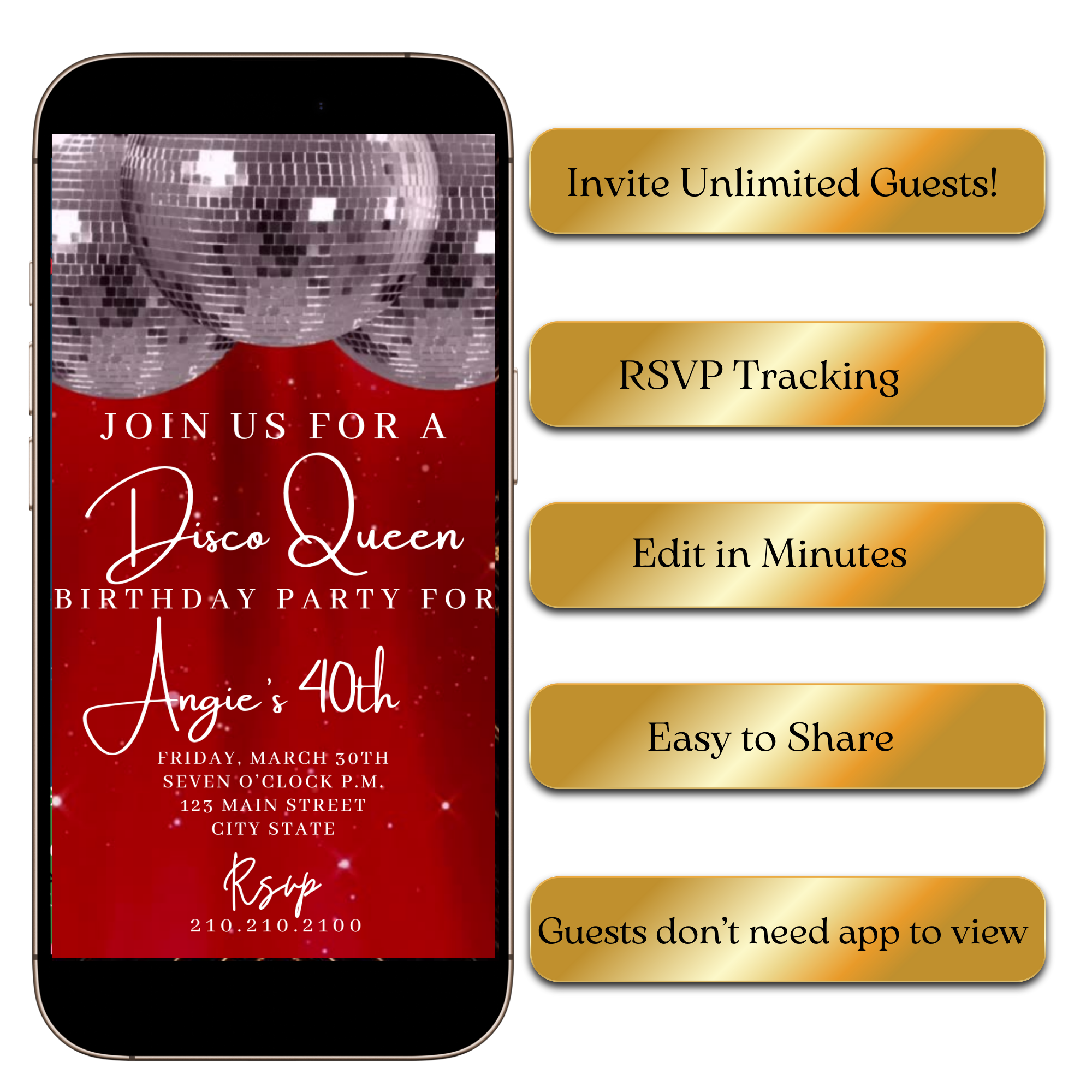 Red Disco Ball Video Invitation | Digital Disco Invite | Editable Canv