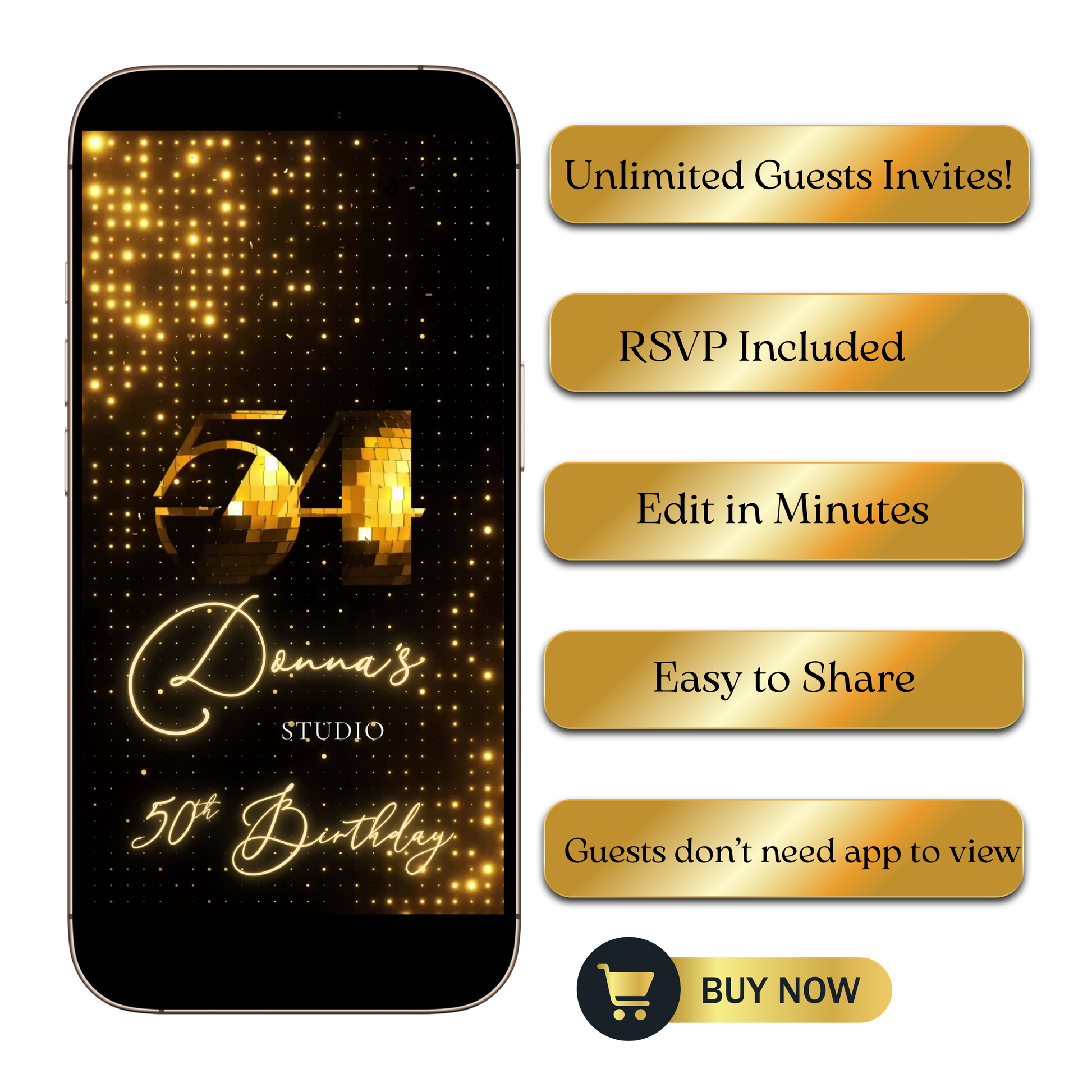 Editable gold disco studio 50th birthday video invitation displayed on a mobile phone, featuring an animated vertical digital invite with music, created in Canva. This premium video invitation template is designed for sharing by text, email, and social media and works with an interactive RSVP website for easy guest response tracking.