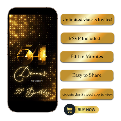Editable gold disco studio 50th birthday video invitation displayed on a mobile phone, featuring an animated vertical digital invite with music, created in Canva. This premium video invitation template is designed for sharing by text, email, and social media and works with an interactive RSVP website for easy guest response tracking.