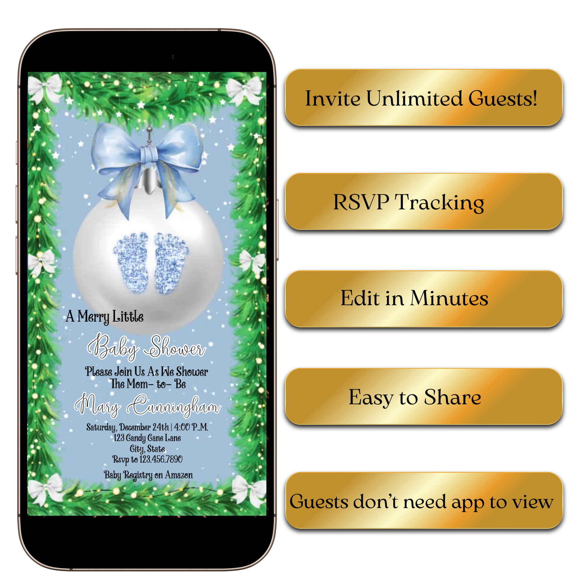 Editable winter baby shower video invite with ornaments