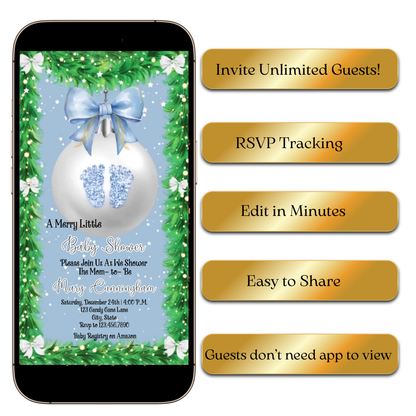 Editable winter baby shower video invite with ornaments
