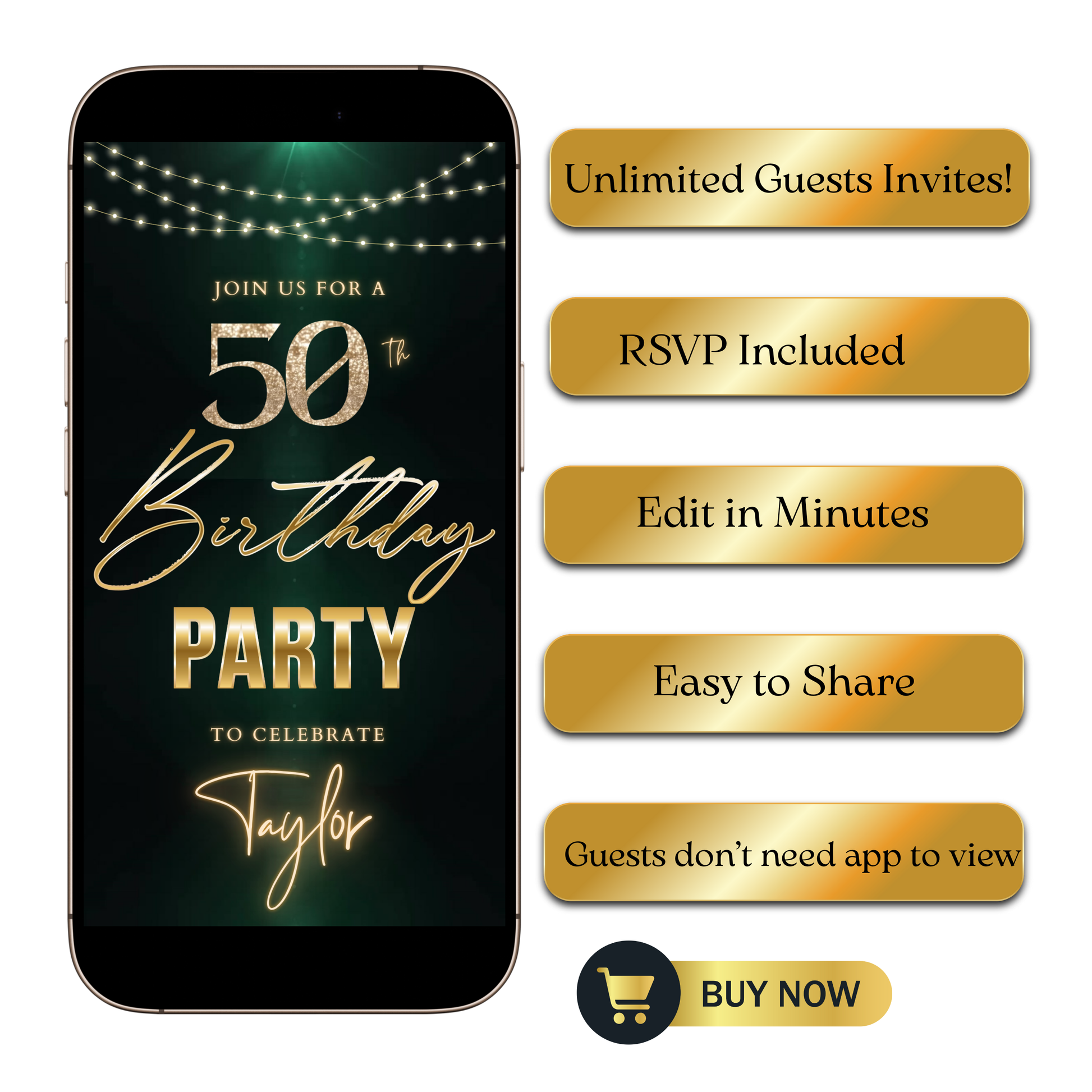Editable dark green gold string lights 50th birthday video invitation displayed on a mobile phone, featuring an animated vertical digital invite with music, created in Canva. This premium video invitation template is designed for sharing by text, email, and social media and works with an interactive RSVP website for easy guest response tracking.