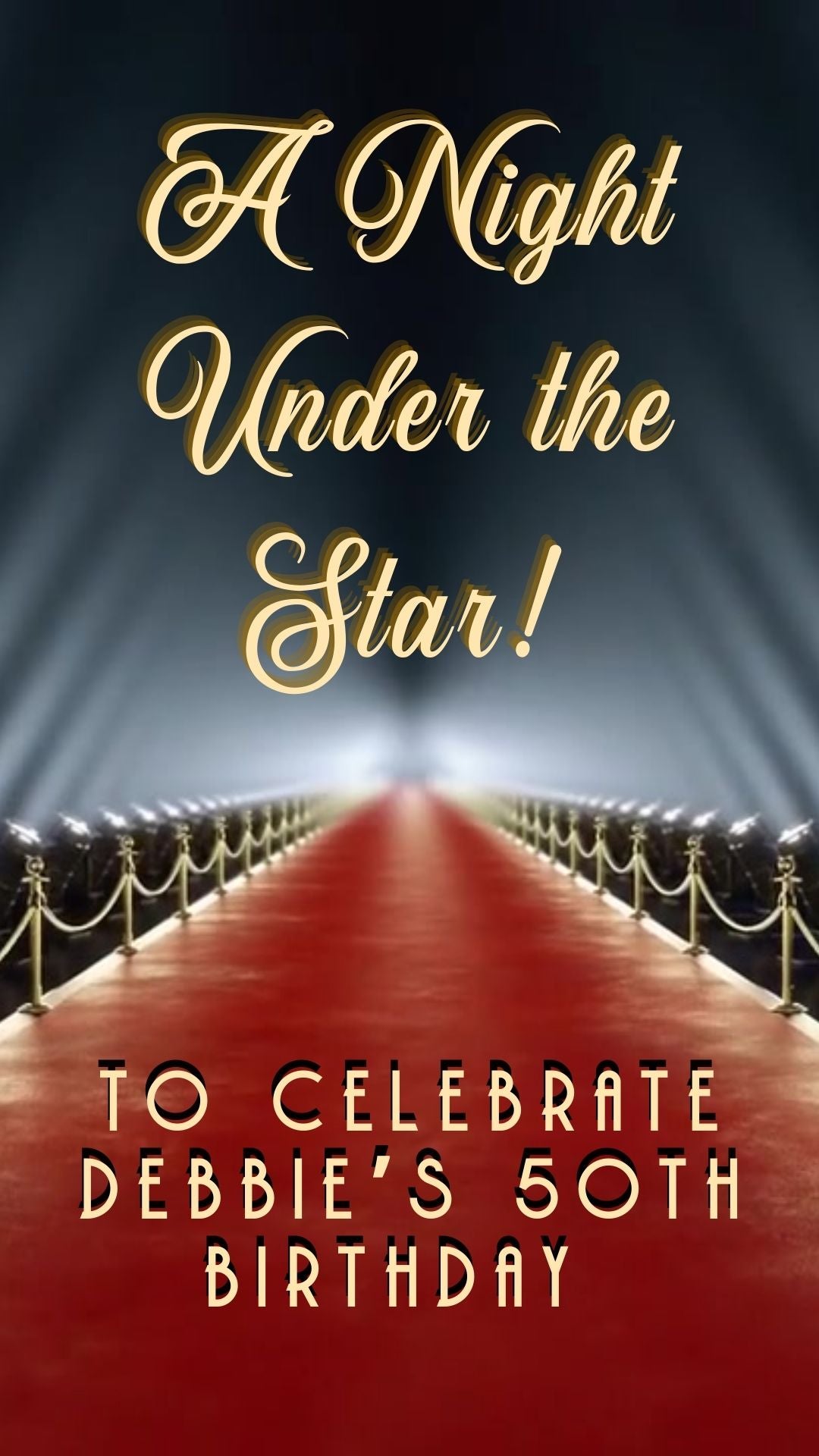 Editable hollywood red carpet 50th birthday birthday video invitation displayed on a mobile phone, featuring an animated vertical digital invite with music, created in Canva. This premium video invitation template is designed for sharing by text, email, and social media and works with an interactive RSVP website for easy guest response tracking.