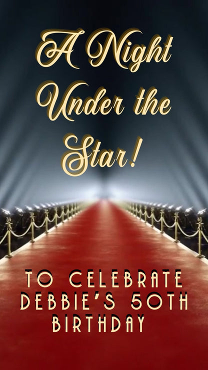 Editable hollywood red carpet 50th birthday birthday video invitation displayed on a mobile phone, featuring an animated vertical digital invite with music, created in Canva. This premium video invitation template is designed for sharing by text, email, and social media and works with an interactive RSVP website for easy guest response tracking.