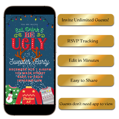 Ugly Sweater party digital video invite preview on laptop screen