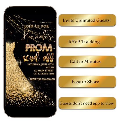 Black and gold glitter prom video invite editable