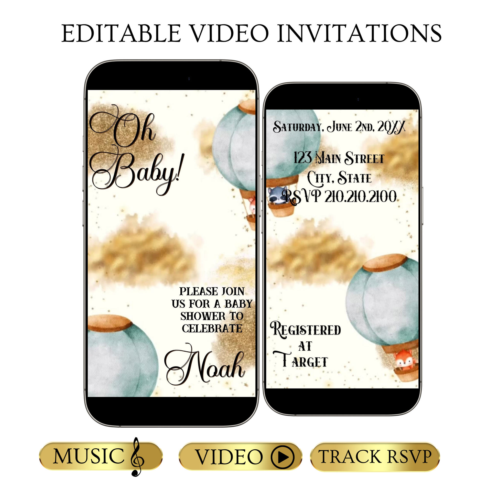 Editable woodland hot air balloon baby shower baby shower video invitation displayed on a mobile phone, featuring an animated vertical digital invite with music, created in Canva. This premium video invitation template is designed for sharing by text, email, and social media and works with an interactive RSVP website for easy guest response tracking.