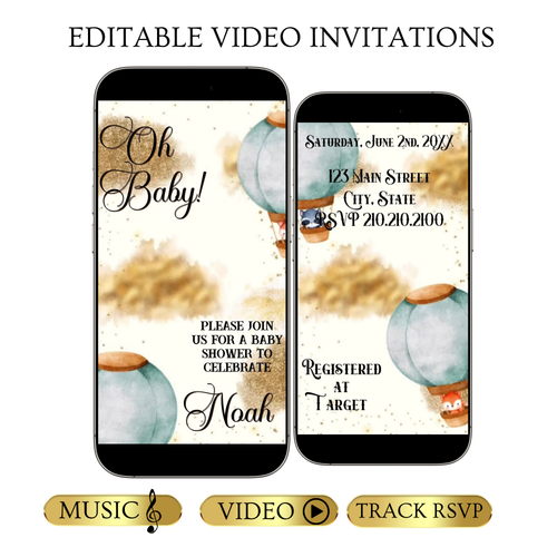 Editable woodland hot air balloon baby shower baby shower video invitation displayed on a mobile phone, featuring an animated vertical digital invite with music, created in Canva. This premium video invitation template is designed for sharing by text, email, and social media and works with an interactive RSVP website for easy guest response tracking.