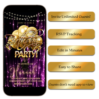 Digital Glam Purple and Gold Video Invitation MP4 Invite