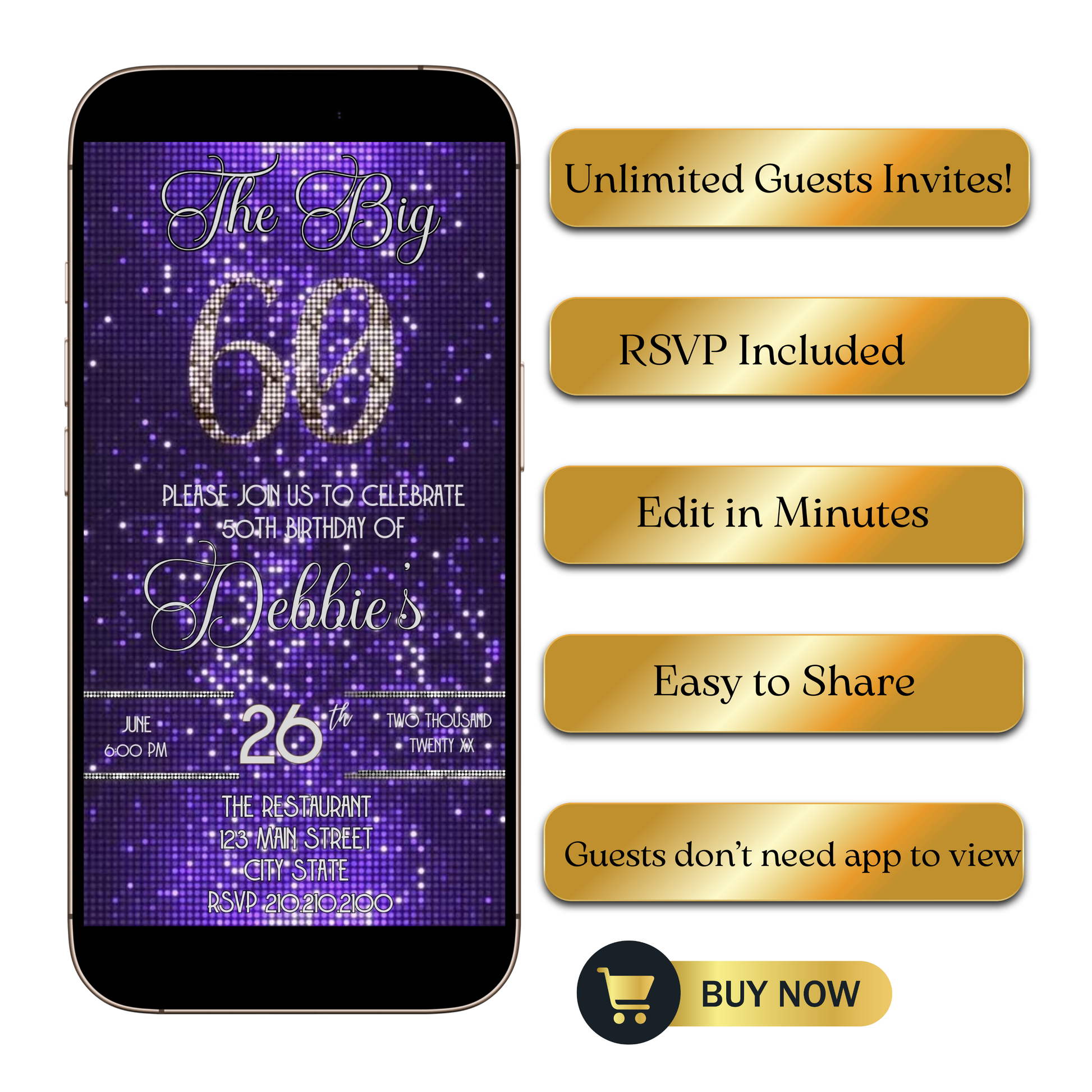 Editable purple shimmer 60th birthday video invitation displayed on a mobile phone, featuring an animated vertical digital invite with music, created in Canva. This premium video invitation template is designed for sharing by text, email, and social media and works with an interactive RSVP website for easy guest response tracking.