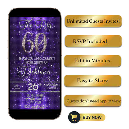 Editable purple shimmer 60th birthday video invitation displayed on a mobile phone, featuring an animated vertical digital invite with music, created in Canva. This premium video invitation template is designed for sharing by text, email, and social media and works with an interactive RSVP website for easy guest response tracking.