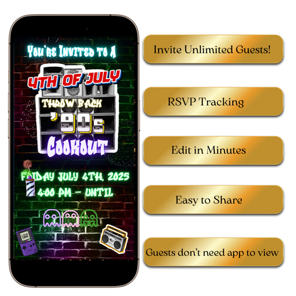 Digital 4th of July 90s Throwback Cookout Video Invitation – Retro BBQ Party Evite MP4 Invite