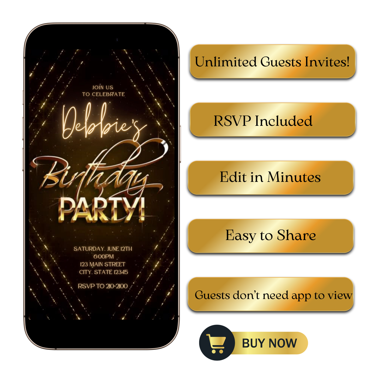Editable gold glitter any age birthday video invitation displayed on a mobile phone, featuring an animated vertical digital invite with music, created in Canva. This premium video invitation template is designed for sharing by text, email, and social media and works with an interactive RSVP website for easy guest response tracking.